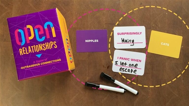 Open Relationships," a party game, features two markers, three quirky cards reading "Nipples," "Surprisingly Hairy," and "Cats," plus a handwritten note confessing, "I panic when I let one escape." Dive into the fun as you explore this Kickstarter gem with friends!
