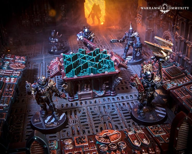 In a dimly lit room, a captivating tabletop scene unfolds with miniature armored figures reminiscent of Adeptus Arbites. They wield weapons around a central table, where a 3D map bursts with intrigue. Intricate designs and an orange glow set the stage for this Games Workshop marvel.