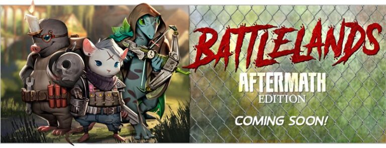 Three anthropomorphic characters—a mole, a mouse, and a reptile—prepare for battle in "Badlands: Aftermath Edition." Clad in armor with weapons drawn, they stand against a chain-link fence. From the brilliant creators at Plaid Hat Games, enjoy this thrilling preview soon!