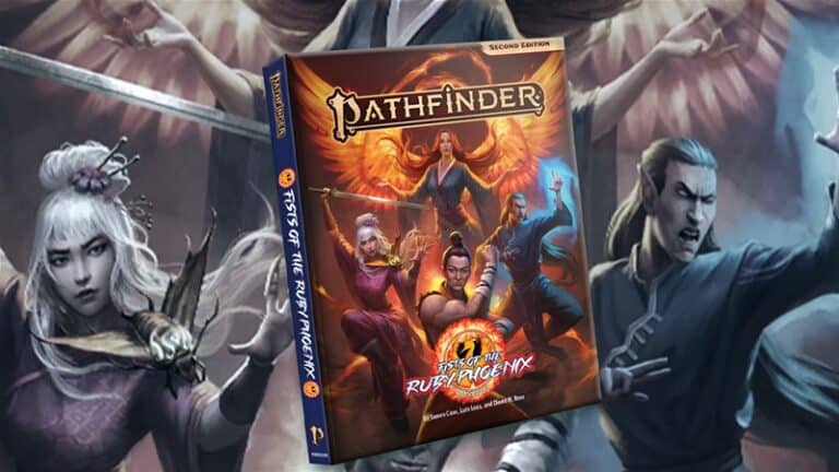 Pathfinder: Tests of the Ruby Phoenix cover art, part of Paizo's exciting January Releases, features vibrant fantasy characters in dynamic poses around a fiery-winged figure. The background displays monochrome, intense action scenes, highlighting an epic battle atmosphere.