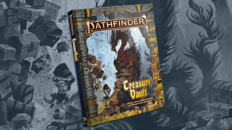 Cover of the "Pathfinder: Treasure Vault" rulebook, featuring a dragon amidst ruins and treasure. The background is a monochromatic illustration of scattered treasure and creatures. The cover art is vibrant, contrasting with the greyscale background.