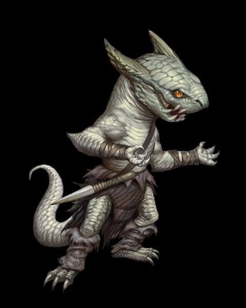 Illustration of a reptilian creature with scales, resembling a lizard standing upright. It has sharp teeth, pointed ears, and a spear, reminiscent of a character from Pathfinder. The creature wears a primitive loincloth with its tail curling behind against the black background.