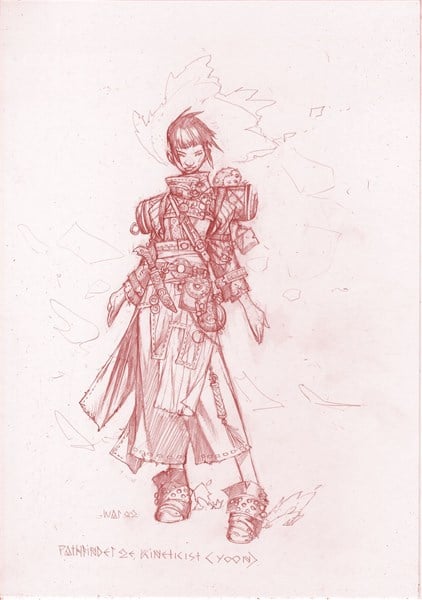 Sketch of a fantasy character in elaborate armor with a long cloak, intricate shoulder gear, and symbolic designs. The character has a confident stance, surrounded by floating geometric shapes. Text at the bottom reads "Pathfinder 2e Kineticist O-Yoon—Playtest Edition by Paizo.