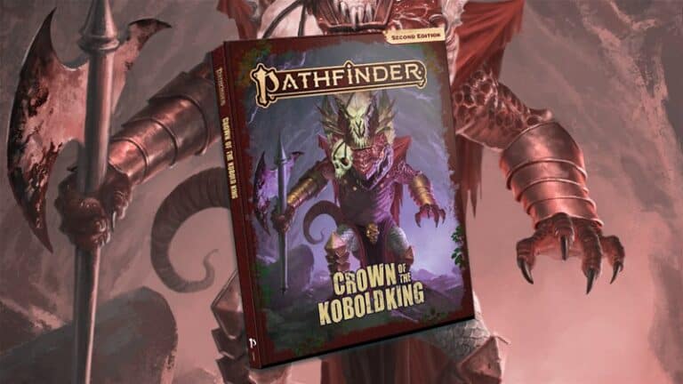 Cover of the "Pathfinder: Crown of the Kobold King" book by Paizo, featuring a fierce, armored kobold wielding a sword and staff. The "Second Edition" text graces the top amid muted tones and shadows. Perfect for those intrigued by PDF price changes in gaming literature.