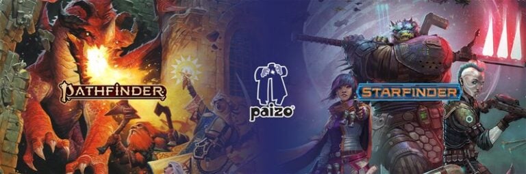 Collage showcasing fantasy role-playing scenes: On the left, a dragon breathes fire toward adventurers beside the "Pathfinder" logo. On the right, futuristic figures wield weapons under the "Starfinder" banner. The "Paizo" logo is proudly centered, embodying recognition and support for its dedicated workers.