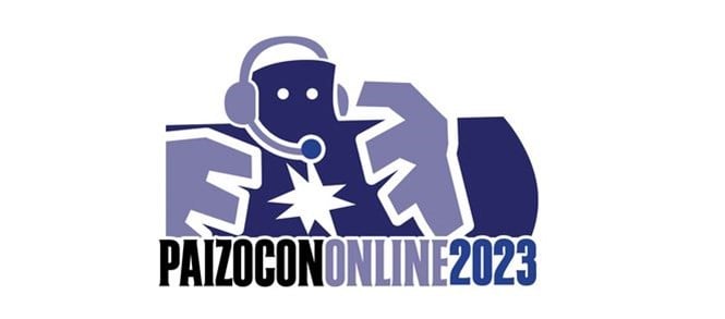 Logo for PaizoCon Online 2023, featuring a dark blue and white abstract character wearing a headset and speaking into a microphone. The text "PaizoCon Online 2023" is displayed below the character in bold black, gray, and blue letters, capturing the essence of this vibrant virtual convention.
