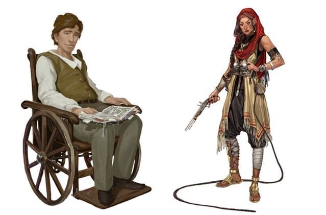 Illustration from Lost Omens: A man in a wheelchair reads the newspaper, clad in a vest and pants, while a woman stands with a whip, dressed in rugged attire with a red headscarf and boots.