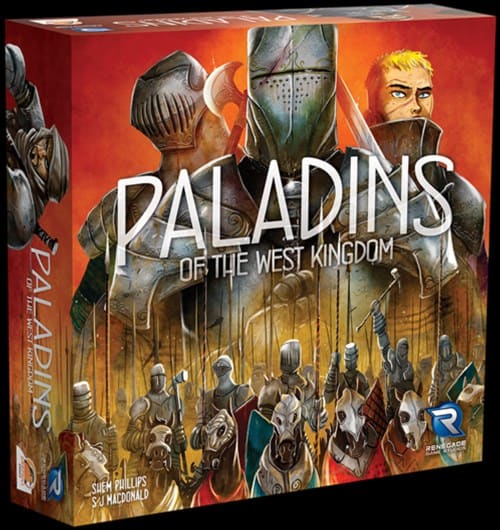The box for "Paladins of the West Kingdom" showcases a stunning illustration with armored knights on horseback, and a lone knight in the foreground against a sunset. Brought to you by Shem Phillips and SJ Macdonald, this popular game from Renegade Game Studio is now available for pre-orders.