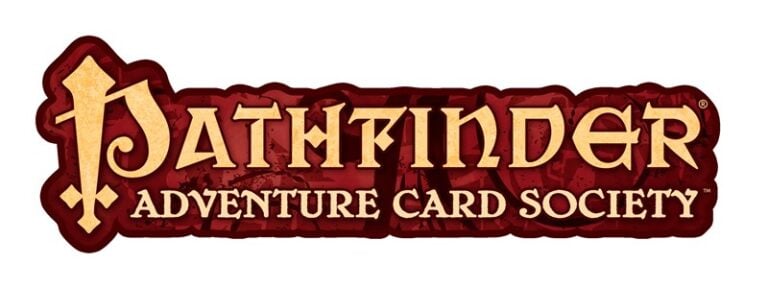 Logo of the Pathfinder Adventure Card Society, crafted in a bold, medieval-style font. The text gleams gold on a red background, with Paizo's iconic decorative emblem on the left.
