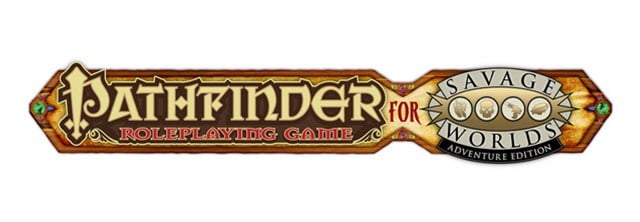 Logo for Pathfinder Roleplaying Game, showcasing the text "for Savage Worlds Adventure Edition" with a fantasy theme. Decorative elements encase the text, embodying the adventurous spirit that fans can soon support on Kickstarter.
