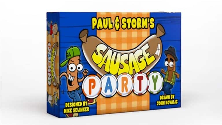 A colorful, cartoon-style board game box titled "Paul & Storm's Sausage Party." It features animated sausages with faces and arms against an orange checkered background. This lively card game is designed by Mike Selinker and drawn by John Kovalic.
