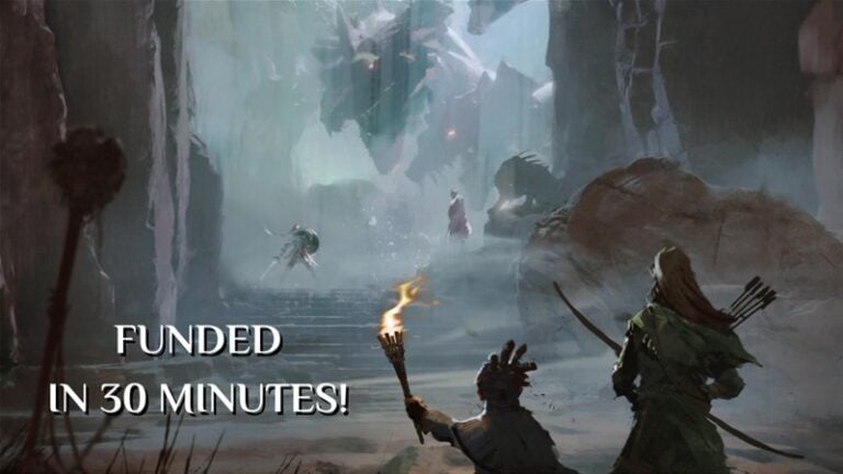 In a fantasy scene, adventurers in a cavern armed with torches and weapons confront a mysterious figure, recalling an intense moment from Pericle's "Gathering Darkness" RPG. Text overlay reads, "FUNDED IN 30 MINUTES!" Atmospheric lighting enhances the intrigue and adventure.