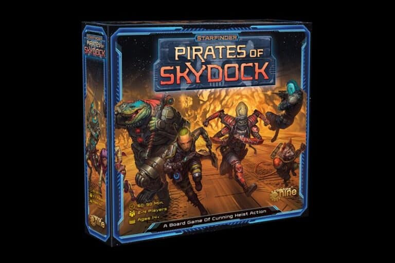 Board game box titled "Starfinder: Pirates of Skydock" by Paizo. Features an illustration of diverse alien characters in action poses on a metallic walkway. Includes game details: 60-90 min, 2-4 players, ages 14+, with a tagline "A Board Game of Cunning Heist Action.