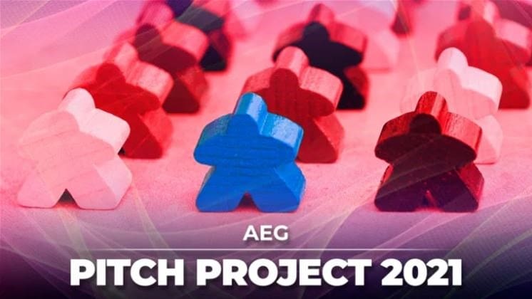 Colorful wooden game pieces in red, blue, and white are arranged in rows on a textured pink surface. Happening now, the text at the bottom proudly reads "AEG Pitch Project 2021.