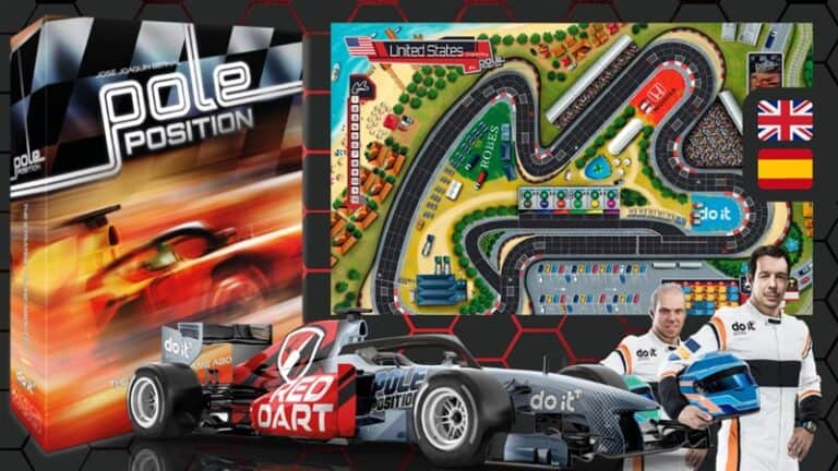 Introducing the Pole Position Board Game: a thrilling racing experience with a car racing track, game box, race car, and two racers in sleek suits. The backdrop flaunts UK and German flags, capturing the excitement and competitive spirit of motorsports. Available soon on Kickstarter!