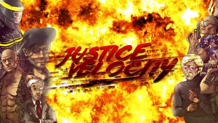 Illustration of an explosion with the text "Justice Velocity" in bold red letters. Animated characters, including a soldier and a person in a suit, stand poised around the fiery backdrop, showcasing the dynamic world of the Justice Velocity RPG. Support their adventure on Kickstarter!