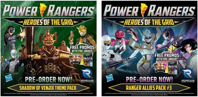 Renegade Game Studios presents exciting Power Rangers board game advertisements featuring the "Shadow of Venjix Theme Pack" and "Ranger Allies Pack #3." Dive into "Heroes of the Grid" with vibrant images of Rangers and villains. Secure your pre-orders to enjoy exclusive promo cards and dynamic action graphics.