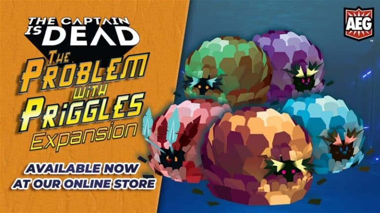 Promotional image for "The Captain is Dead: The Problem with Priggles Expansion." Colorful, spiky creatures pop against a dark background, capturing the essence of a Sci-Fi RPG adventure. Text highlights its availability in an online store.