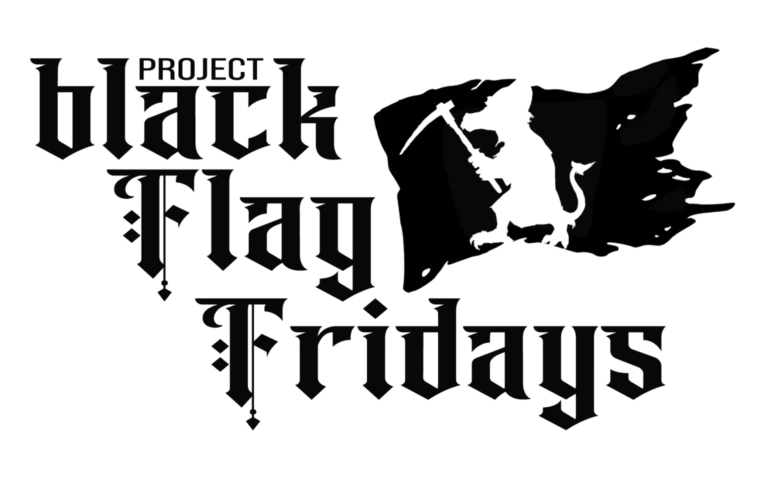 The image showcases a logo with the words "Project Black Flag Fridays" in bold, stylized letters. To the right, an illustration of a tattered black flag hints at movement. The design exudes a gritty, rebellious theme, capturing the adventurous spirit akin to Kobold Press's 5E Dungeons & Dragons campaigns.