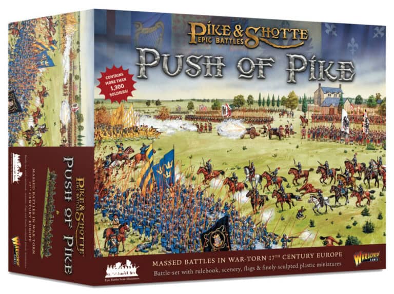 The box cover of the "Pike & Shotte: Push of Pike" board game vividly captures a 17th-century battle scene with soldiers, cavalry, and a detailed landscape. The text emphasizes over 1,200 miniatures and an Epic Battles range set in war-torn Europe.