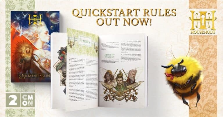 An advertisement for the "Household" Quickstart Guide by CMON. It showcases the guidebook cover, an open book with vivid illustrations and text, plus a detailed bee illustration. The text proudly announces, "Quickstart Rules Out Now!