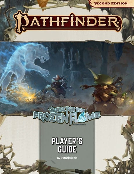The cover of Paizo's "Pathfinder Second Edition: Quest for the Frozen Flame Player's Guide" by Patrick Renie showcases a blue ethereal bear confronting a goblin in a snowy landscape, capturing the essence of adventure and mystery.