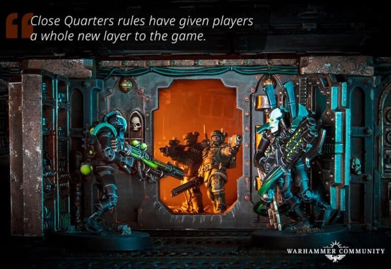 Three armored figures wielding weapons stand in a dimly lit, metallic corridor, surrounded by intricate machinery. Above them, text reads, "Kill Team's Close Quarters rules from Games Workshop have introduced exciting changes and added a whole new layer to the game.