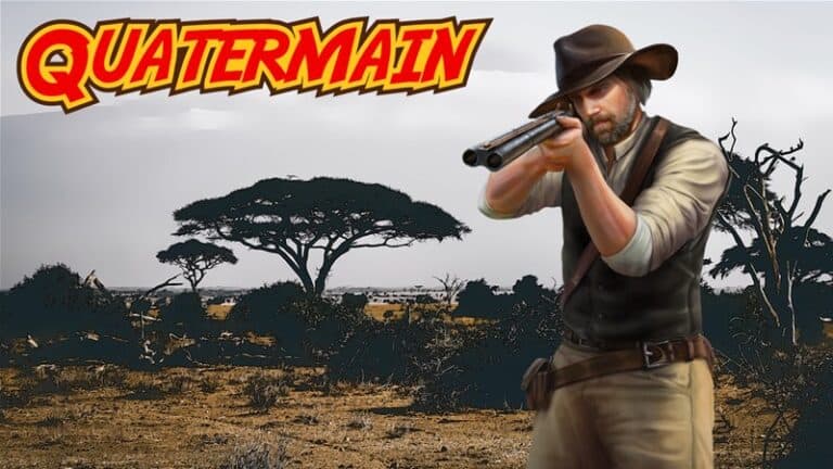 A rugged man in safari clothing aims a rifle in a savanna landscape with acacia trees, evoking the adventurous spirit of the Quatermain Deck-Building Game. The word "Quatermain" appears in bold red and yellow letters, reminiscent of a thrilling Kickstarter campaign.