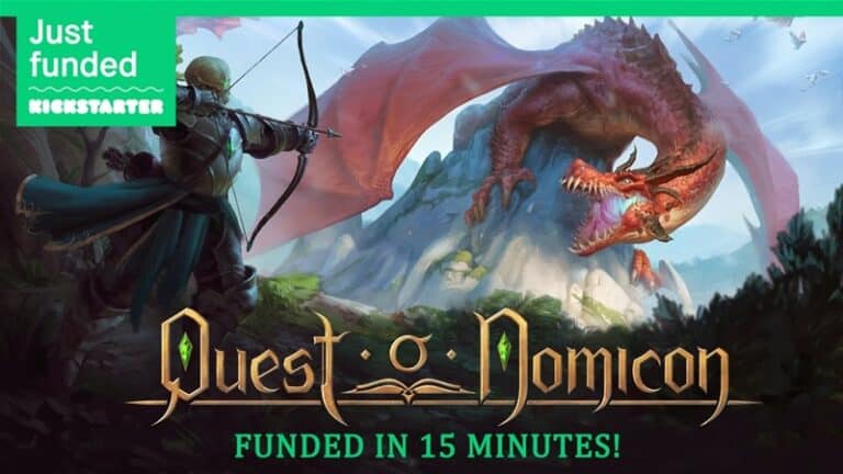 In a captivating fantasy landscape, an archer targets a flying dragon, embodying the thrill of RPG Adventures. The image proudly displays "Quest-O-Nomicon" and celebrates swift success with "Funded in 15 minutes!" on a green Kickstarter banner.
