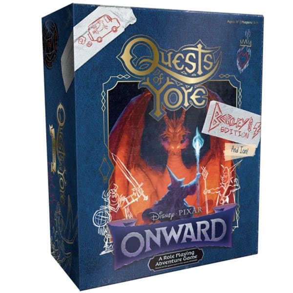 Box of "Quests of Yore: Barley's Edition," a role-playing game from Disney Pixar's "Onward," brought to you by OP Games. The cover showcases a red dragon adorned with a sword, shield, and mystical symbols.