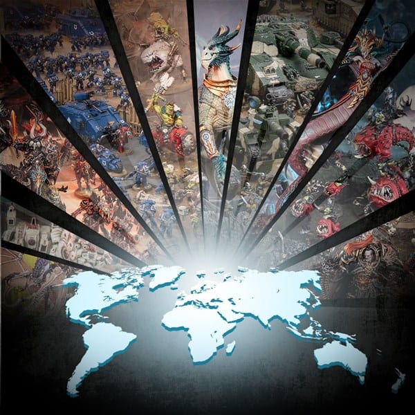 A stylized world map is overlaid with rays, dividing the image into segments that showcase fantasy and sci-fi figures like Warhammer soldiers, tanks, dragons, and mythical creatures. The central focus is a glowing map of the world, evoking the essence of an ultimate championship.