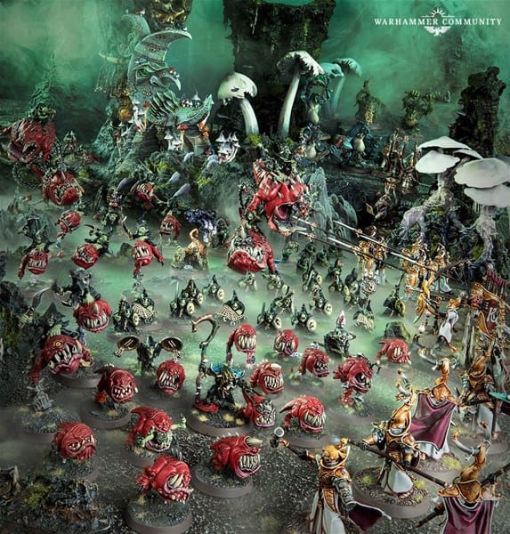 In a preview of the latest Games Workshop fantasy tabletop game, warriors in ornate armor clash with Gloomspite Gitz and other monstrous creatures. The battle unfolds in a mystical forest setting, featuring large mushrooms and a misty atmosphere.