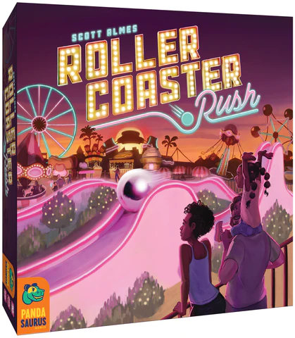 Board game box for "Roller Coaster Rush" by Scott Almes. The artwork showcases an amusement park with a roller coaster, Ferris wheel, and neon lights at sunset. Two people look on, captivated by the vibrant scene in which you can build and ride your own thrilling adventure.
