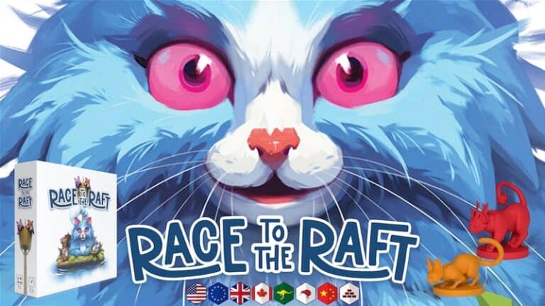 The captivating board game cover showcases a large blue cat with pink eyes and a focused expression. Before it stand two small figurines, one red and one yellow. Various flags adorn the Kickstarter box, all under the bold title "Race to the Raft.