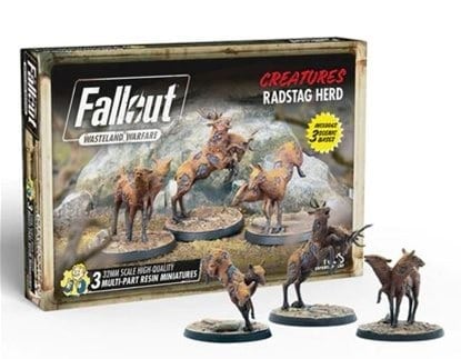 Box of Fallout: Wasteland Warfare "Creatures Radstag Herd" miniatures. The package showcases painted models of mutated, deer-like creatures, with three exquisitely detailed miniatures prominently displayed in front, perfect for any Wasteland Warfare enthusiast.