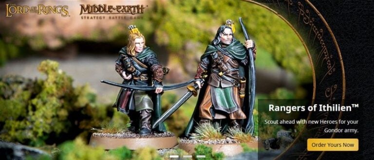 Two detailed miniature figures of Rangers of Ithilien from the Lord of the Rings Middle-earth Strategy Battle Game, crafted by Games Workshop. They are in green cloaks, holding bows, standing on a grassy terrain base. The image includes game branding and an easy order button.