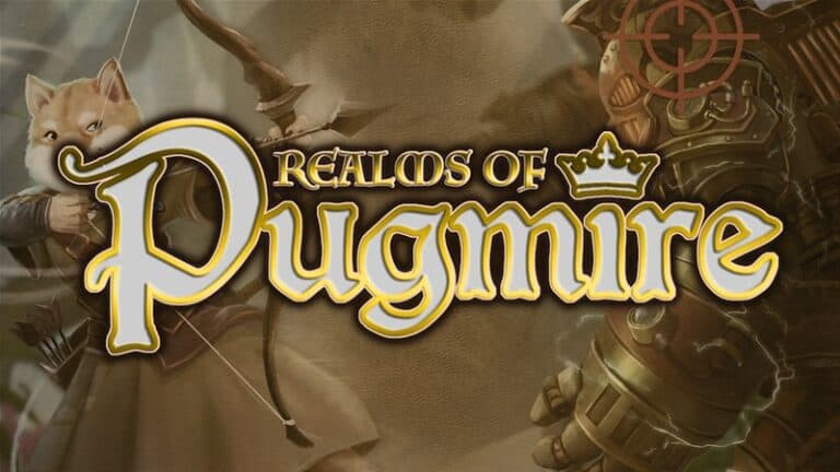 The "Realms of Pugmire" cover art showcases a courageous dog character with a bow alongside a valiant soldier in armor, all set against an enchanting fantasy backdrop that sets the stage for the Pugmire RPG. Discover this captivating world, part of an exciting Kickstarter campaign.