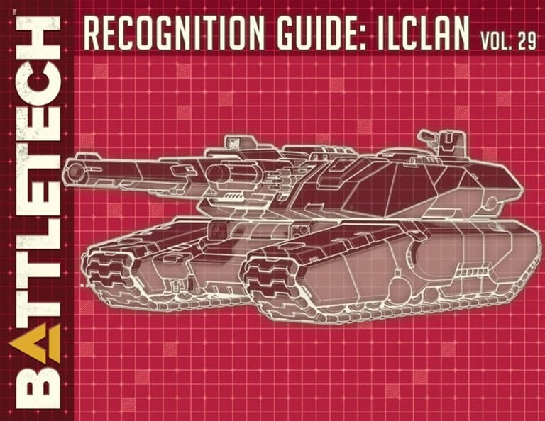 Cover of "Battletech: Recognition Guide: ilClan Vol. 29" by Catalyst Game Labs, featuring a technical blueprint of a futuristic tank on a red grid background.