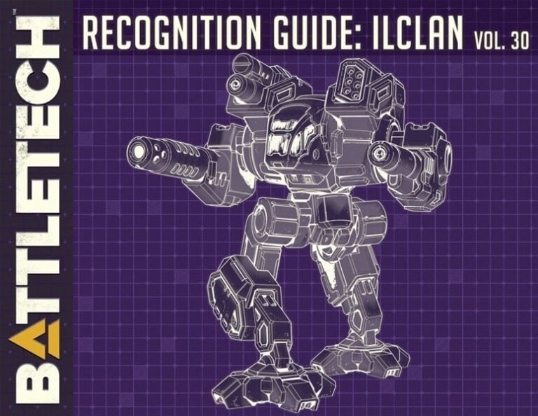 Cover of "Battletech Recognition Guide: ilClan Vol. 30" featuring a blueprint-style illustration of a futuristic, humanoid battle mech armed with large cannons, set against a purple grid background, reminiscent of a Battletech paint set design.