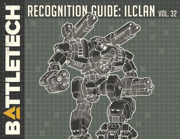 Blueprint-style illustration of a BattleMech from the ilClan series, showcasing its bulky armored design and multiple cannons. Text reads "Recognition Guide: IlClan Vol. 32" and "BattleTech" in the margins.