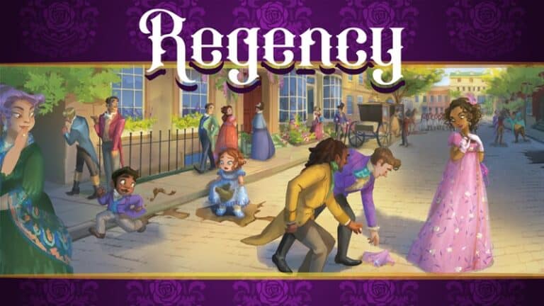 Illustration of a lively Regency-era street scene, perfect for a Regency RPG setting. People in period attire interact; a man retrieves a dropped item for a woman in pink. Nearby, a child has fallen and a woman laughs kindly. Buildings and greenery add depth, ideal inspiration for your next RPG adventure on Kickstarter.