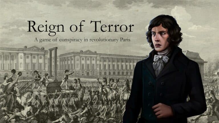 A Kickstarter sensation, "Reign of Terror" is a historical-themed social deduction game. Its cover captures the tension of revolutionary Paris, showcasing people at the guillotine and a concerned man in period attire, immersing players in an era of intrigue and turmoil.
