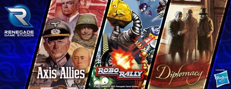 A promotional banner showcasing classic Hasbro titles like Axis & Allies, Robo Rally, and Diplomacy by Renegade Game Studios. The artworks feature military figures, a robot, and a group of people strategizing for the ultimate game night.