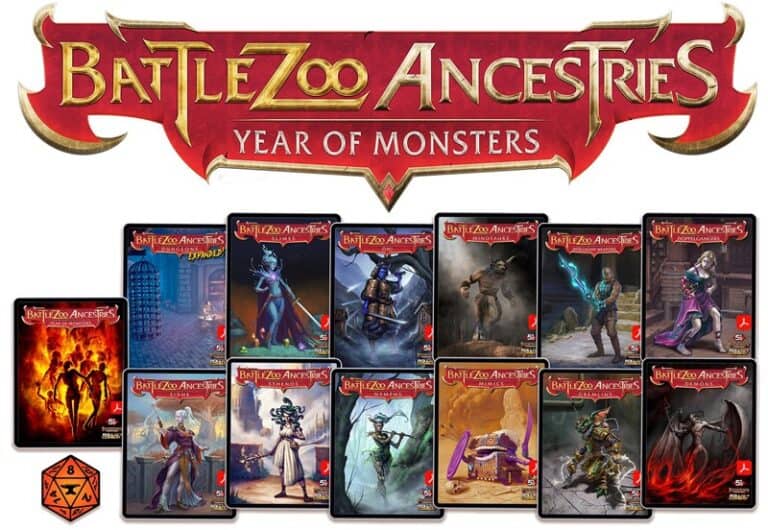 A captivating collage of "Battlezoo Ancestries: Year of Monsters" book covers, featuring a bundle of diverse fantasy characters and creatures. The series title is prominently displayed at the top in bold, stylized font.