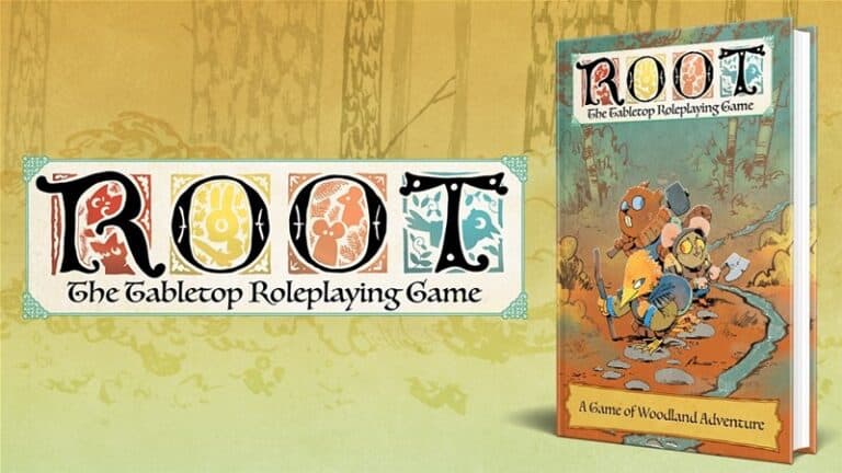 Cover of "Root: The Tabletop Roleplaying Game" featuring anthropomorphic animal characters in a woodland setting. The title is creatively designed with illustrations of animals in the letters. Launched on Kickstarter, this Root RPG book is described as "A Game of Woodland Adventure.