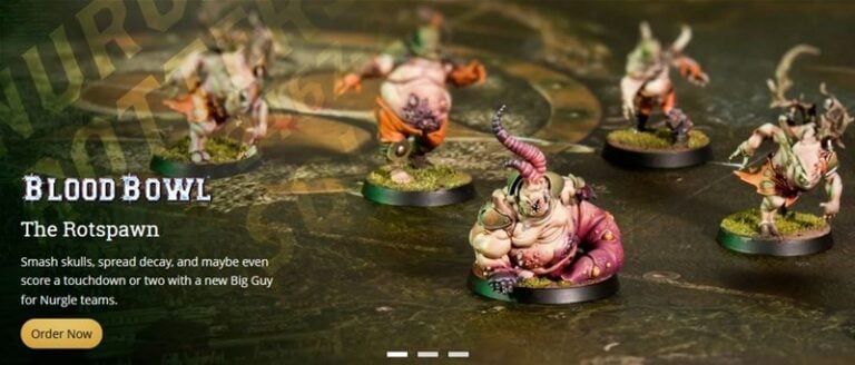 Miniature fantasy football game pieces on a board. The figures are grotesque with vivid details and mutations like extra limbs or tentacles. Text on image reads "Blood Bowl - The Rotspawn," featuring the Nurgle Blood Bowl Team. A button below says "Order Now from Forge World.