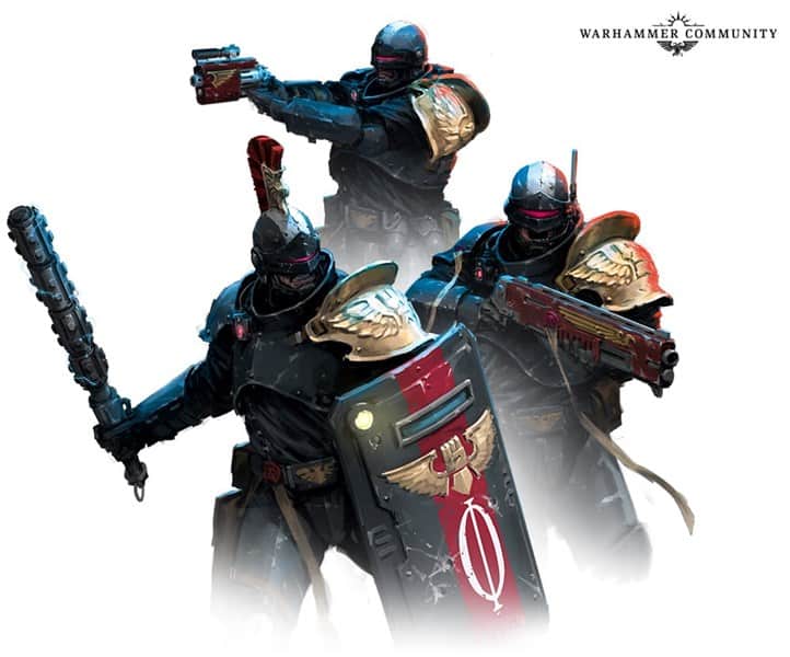 Three futuristic soldiers, reminiscent of the elite Exaction Squads, don black armor with red accents and gold details. Armed and ready, one hefts a large shield bearing an insignia. They strike an action pose against a stark white background, evoking the disciplined prowess of Adeptus Arbites.