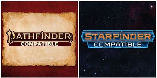 On the left, an aged parchment background proudly displays "Pathfinder Compatible by Paizo." On the right, a cosmic-themed backdrop showcases "Starfinder Compatible.