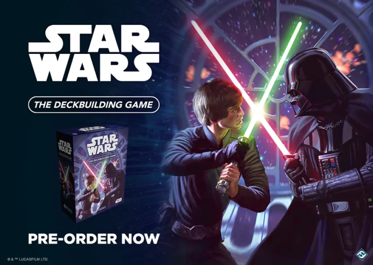 A thrilling illustration of a galaxy duel features two iconic Star Wars characters locked in a lightsaber battle—one with green, the other red. Showcasing "Star Wars: The Deckbuilding Game," the image invites fans to pre-order now and immerse themselves in this epic deck-building adventure.