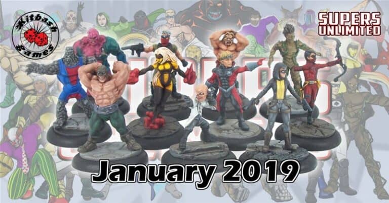 A collection of superhero figurines in dynamic poses, showcasing vibrant costumes, hints at the thrilling world of the "Supers Unlimited Miniatures Game." The backdrop features a poster with more characters. Text reads "January 2019" and "Supers Unlimited," with the Kitbash Games logo in the top left corner.
